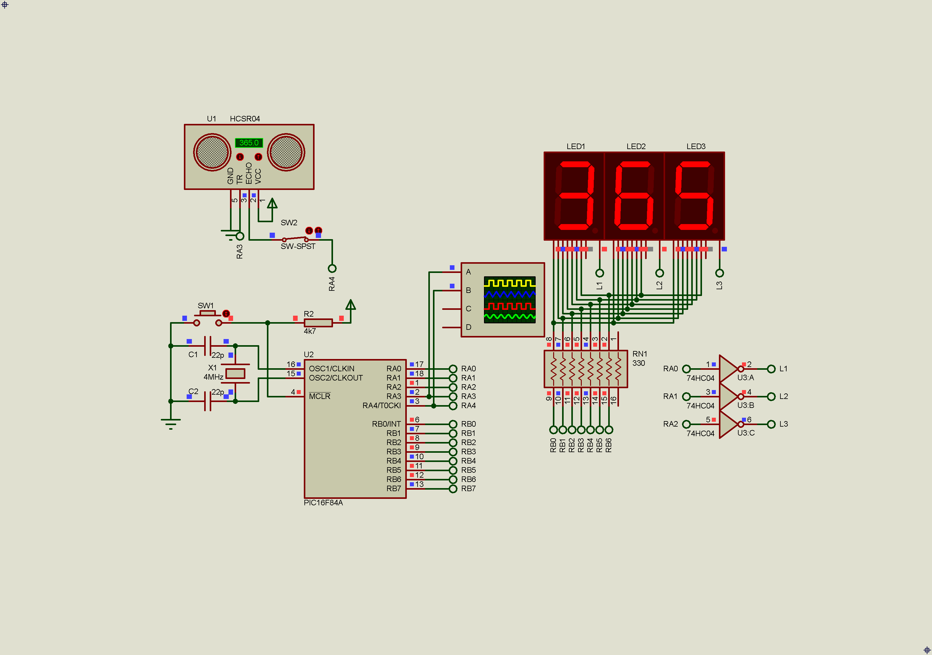 PIC16F84A SR-HC04 And 3-Digit Multiplexing Display Using XC8
